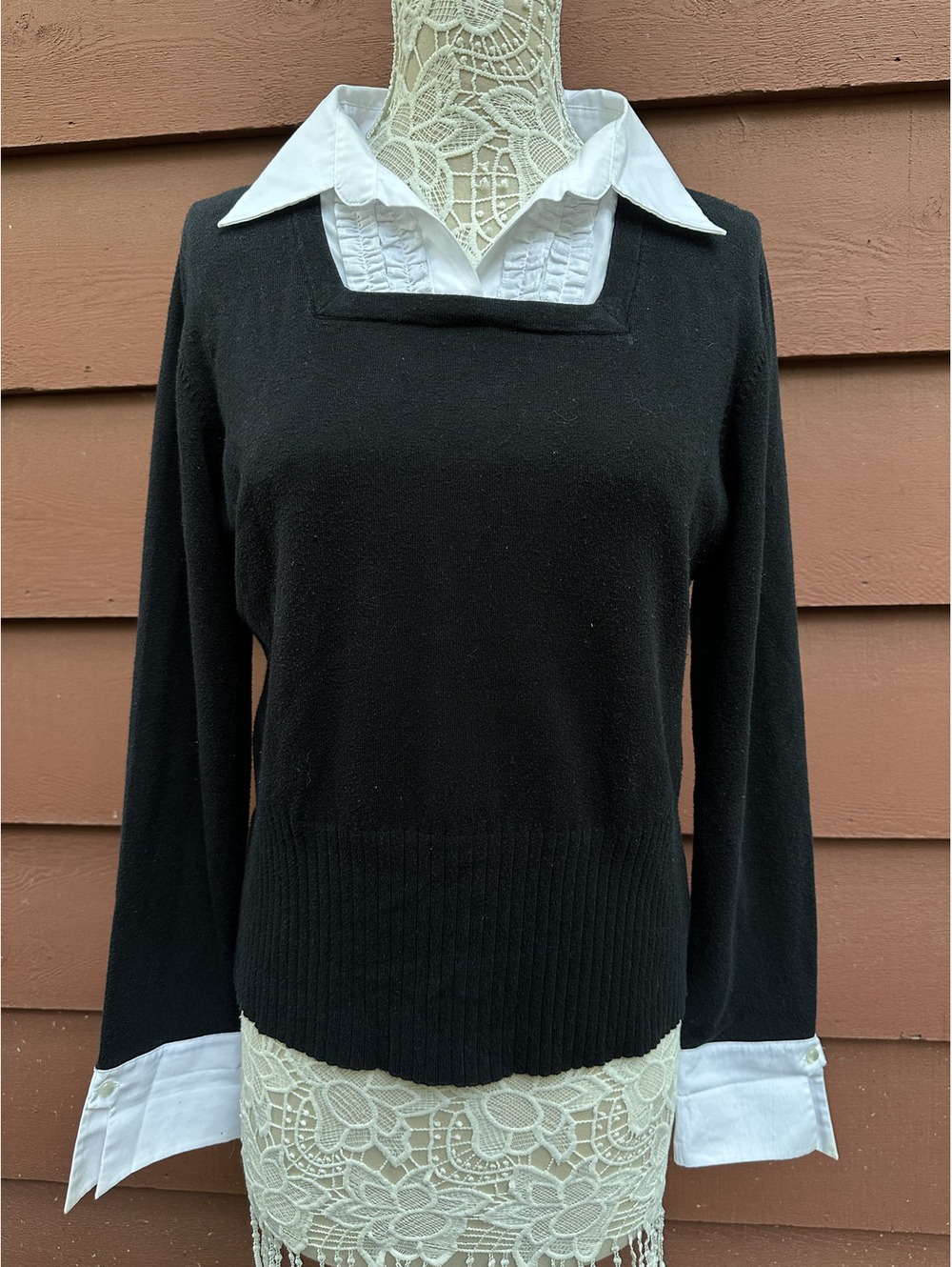 Worthington Black and White Collared Sweater Classic Preppy Office
